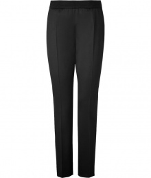 Jil Sanders black virgin wool pants are an artfully crafted example of elegant, precision tailoring - Medium-rise, slim cut style with a touch of stretch - Banded waist and side zip - Crease detail flatters and elongates the leg - Pant tapers and crops at ankles with a sleek vent - Polished and effortlessly chic, perfect for pairing with button downs or pullovers and ballet flats or pumps Jil Sanders black virgin wool pants are an artfully crafted example of elegant, precision tailoring - Medium-rise, slim cut style with a touch of stretch - Banded waist and side zip - Crease detail flatters and elongates the leg - Pant tapers and crops at ankles with a sleek vent - Polished and effortlessly chic, perfect for pairing with button downs or pullovers and ballet flats or pumps