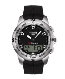Tissot combines uncomplicated, rugged styling with the finest Swiss precision in this T-Touch II model. Black rubber strap and round stainless steel case. Turning bezel with cardinal directions and numerals in black. Black dial features numerals, stick indices, luminous hands, alarm, compass, thermometer, altimeter and meteorological trend indicator. Swiss movement. Water resistant to 100 meters. Two-year limited warranty. Tissot combines uncomplicated, rugged styling with the finest Swiss precision in this T-Touch II model. Black rubber strap and round stainless steel case. Turning bezel with cardinal directions and numerals in black. Black dial features numerals, stick indices, luminous hands, alarm, compass, thermometer, altimeter and meteorological trend indicator. Swiss movement. Water resistant to 100 meters. Two-year limited warranty.