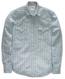 Cowboy up! Add some western flair for those times you want to kick up your heels with this striped shirt from Lucky Brand Jeans. Cowboy up! Add some western flair for those times you want to kick up your heels with this striped shirt from Lucky Brand Jeans.
