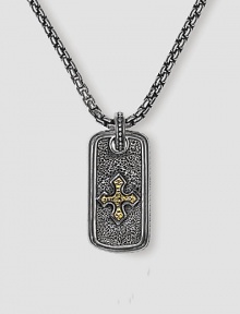 Handsomely textured sterling silver is offset with an 18k solid gold cross. Includes 26 silver chain ½W X 1H Made in USA Handsomely textured sterling silver is offset with an 18k solid gold cross. Includes 26 silver chain ½W X 1H Made in USA