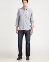 Premium cotton long-sleeve style detailed with multistripes and lightning pattern for a unique design.Point collar Button front Long sleeves with button cuffsContrast tab at placket and back yokeCottonMachine washImported