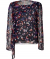 Elegant floral print top in navy silk - Long, sheer sleeves - Asymmetrical drape detail at bust - Fluid shape, feminine fit - Rounded neckline - Easily goes from day to night - Bohemian chic with an unexpected twist - Perfect for pairing with slim jeans and leather jackets