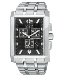 Refined style and everyday functionality come together in this bold watch from Citizen. Silvertone stainless steel bracelet and rectangular case. Rectangular black dial with three subdials, date window and numeral indices. Analog movement. Water resistant to 50 meters. Five-year limited warranty. Refined style and everyday functionality come together in this bold watch from Citizen. Silvertone stainless steel bracelet and rectangular case. Rectangular black dial with three subdials, date window and numeral indices. Analog movement. Water resistant to 50 meters. Five-year limited warranty.