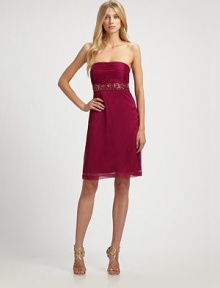 This textural beaded style can be worn with or without shoulder straps.StraplessOptional spaghetti strapsRuched bodiceBeaded empire waistConcealed side zipFully linedAbout 20 from natural waistPolyesterSpot cleanImportedModel shown is 5'10 (177cm) wearing US size 4. This textural beaded style can be worn with or without shoulder straps.StraplessOptional spaghetti strapsRuched bodiceBeaded empire waistConcealed side zipFully linedAbout 20 from natural waistPolyesterSpot cleanImportedModel shown is 5'10 (177cm) wearing US size 4.