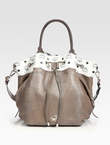 A versatile style of embossed lizard leather, with allover iconic logo print and a chic drawstring closure. Double top handles, 6 dropAdjustable detachable leather shoulder strap, 16-20 dropDrawstring closureProtective metal feetOne inside zip pocketTwo inside open pocketsSuede lining6½W X 12½H X 10½DMade in Italy A versatile style of embossed lizard leather, with allover iconic logo print and a chic drawstring closure. Double top handles, 6 dropAdjustable detachable leather shoulder strap, 16-20 dropDrawstring closureProtective metal feetOne inside zip pocketTwo inside open pocketsSuede lining6½W X 12½H X 10½DMade in Italy