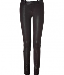 With a jeans-inspired silhouette, these ultra-luxe leather pants from J Brand will add an instant upgrade to your new-season look - Elasticized waistline, faux side and back slit pockets, zip fly, hidden hook and button closures, belt loops - Slim fit - Pair with an oversized blouse, a chunky knit cardigan, and ankle boots