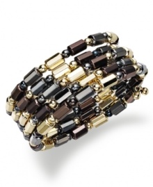 Three's company with this chic coiled bracelet from Alfani. Featuring multi-toned beads and tubular accents. Crafted in gold tone, hematite tone and chocolate tone mixed metal. Approximate diameter: 2 inches.