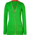 Stylish cardigan in fine, bright green silk and cotton blend - Soft, lighter weight knit features a vibrant pink trim at collar and button placket - V-neck, long sleeves and two small pockets at hips - Decorative rib embellishment at cuffs and hem - Fitted silhouette is long and lean - A polished, cool and colorful addition to any wardrobe - Pair with slim jeans, cropped trousers or a mini skirt