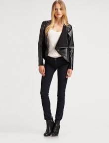 Supple faux leather, closely-cropped in an asymmetrical draped-front silhouette.Foldover necklineAsymmetrical front zipperKnit panels at sleevesContour hemAbout 22 from shoulder to hemBody: polyurethane; knit panels: 63% polyester/33% rayon/4% spandexDry cleanImported Supple faux leather, closely-cropped in an asymmetrical draped-front silhouette.Foldover necklineAsymmetrical front zipperKnit panels at sleevesContour hemAbout 22 from shoulder to hemBody: polyurethane; knit panels: 63% polyester/33% rayon/4% spandexDry cleanImported