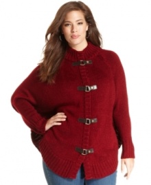 Buckle up this season with Jones New York Signature's plus size sweater, featuring poncho styling.