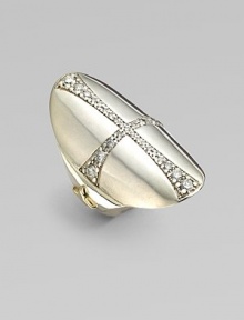 A striking heraldic-style cross on a smooth silver oval is delineated in shimmering diamonds, with accents of 14k gold on the wide, smooth band.Diamonds, .70 tcwSterling silver and 14k yellow goldLength, about 1Made in USA