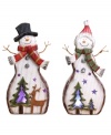 A joyful snowman couple bring some winter cheer to your home in these figurines. Features LED lights at the base that give a warm glow to the tree accents.