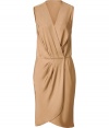 Add stylish impact to your cocktail party look with this chic wrap dress from Tara Jarmon - V-neck, faux wrap front, sleeveless, draped waist, asymmetrical petal hem - Wear with nude fishnets, statement heels, and an embellished clutch