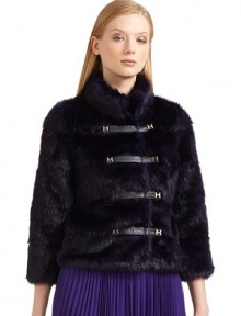 THE LOOKFaux furCropped silhouetteStand collarFront tab snap closure with logo detailsLong sleevesSide pocketsTHE FITAbout 22 from shoulder to hemTHE MATERIAL85% acrylic/15% polyesterFully linedCARE & ORIGINDry cleanImportedModel shown is 5'10 (177cm) wearing US size 4. THE LOOKFaux furCropped silhouetteStand collarFront tab snap closure with logo detailsLong sleevesSide pocketsTHE FITAbout 22 from shoulder to hemTHE MATERIAL85% acrylic/15% polyesterFully linedCARE & ORIGINDry cleanImportedModel shown is 5'10 (177cm) wearing US size 4.