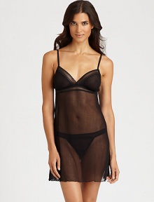 Delicate swiss-dot tulle cut in a sexy babydoll silhouette that flatters every curve.Spaghetti strapsV-neckEmpire waist95% nylon/3% elastane/2% cottonHand washMade in Italy Delicate swiss-dot tulle cut in a sexy babydoll silhouette that flatters every curve.Spaghetti strapsV-neckEmpire waist95% nylon/3% elastane/2% cottonHand washMade in Italy