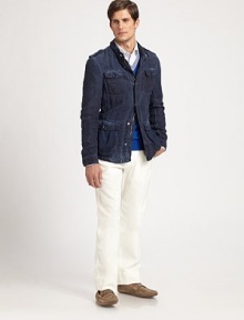 Military inspiration shows up in full effect in this deep-indigo rinsed jacket in cool, casual linen.Zip frontShoulder epaulettesChest, waist flap pocketsAbout 29 from shoulder to hemLinenMachine washImported Military inspiration shows up in full effect in this deep-indigo rinsed jacket in cool, casual linen.Zip frontShoulder epaulettesChest, waist flap pocketsAbout 29 from shoulder to hemLinenMachine washImported