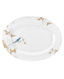 Abuzz with hummingbirds, the airy and bright Nectar oval platter brings the outdoors in. Versatile bone china formed in Spode's impressions shape with a crisp white glaze complements serene country settings. Abuzz with hummingbirds, the airy and bright Nectar oval platter brings the outdoors in. Versatile bone china formed in Spode's impressions shape with a crisp white glaze complements serene country settings.