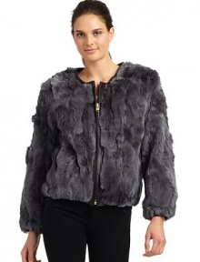 THE LOOKLuxuriously soft pieced rabbit furLeather-trimmed neckline and placketFront zip closureLong sleeves with elastic cuffsDual front slash pocketsElastic leather-banded hemTHE FITAbout 23 from shoulder to hemTHE MATERIALDyed rabbit furFully linedCARE & ORIGINDry clean by fur specialistImportedFur origin: ChinaModel shown is 5'10 (177cm) wearing US size Small. 