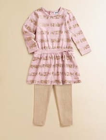 Shimmery golden stripes printed with a fun mottled effect adorn a delightful tunic atop solid leggings.Round banded necklineLong sleevesGathered solid color waistband with bowElastic waist solid color leggings57% cotton/38% polyester/5% spandexMachine washImported Shimmery golden stripes printed with a fun mottled effect adorn a delightful tunic atop solid leggings.Round banded necklineLong sleevesGathered solid color waistband with bowElastic waist solid color leggings57% cotton/38% polyester/5% spandexMachine washImported