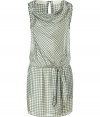 Causal day dress in grey silk - Sweet and modern white polkadot pattern - Cowl neckline - Sleeveless - Sexy one-button closure at back - Relaxed cut with straight skirt - Airy, light movement - Gentle tie at drop waist - Pair with flat sandals and cashmere sweater