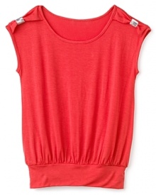 Aqua's fun sleeveless top structures her silhouette with a wide, banded waist, adding sequin bows at the shoulder for a touch of glam. Aqua's fun sleeveless top structures her silhouette with a wide, banded waist, adding sequin bows at the shoulder for a touch of glam.