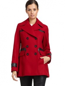 THE LOOKPiping faux leather trimNotched lapelButton closureFlap detail at waist with seam pocketsTHE FITAbout 32 from shoulder to hemTHE MATERIALShell: wool/polyester/viscoseTrim: rayon/polyurethaneFully linedCARE & ORIGINMachine washImportedModel shown is 5'10 (177cm) wearing US size 4. THE LOOKPiping faux leather trimNotched lapelButton closureFlap detail at waist with seam pocketsTHE FITAbout 32 from shoulder to hemTHE MATERIALShell: wool/polyester/viscoseTrim: rayon/polyurethaneFully linedCARE & ORIGINMachine washImportedModel shown is 5'10 (177cm) wearing US size 4.