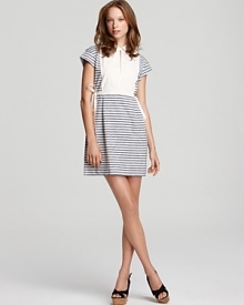 This MARC BY MARC JACOBS dress lays on the girlish charm with classic stripes and a buttoned-up point collar. This MARC BY MARC JACOBS dress lays on the girlish charm with classic stripes and a buttoned-up point collar.