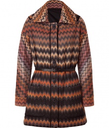 The ultimate fall must-have, this patterned knit coat will elevate any cold weather look - Spread collar, front button placket, long sleeves, belted waist, patch pockets, all-over classic Missoni patterned knit - Wear with skinny jeans, a silk blouse, and platform pumps The ultimate fall must-have, this patterned knit coat will elevate any cold weather look - Spread collar, front button placket, long sleeves, belted waist, patch pockets, all-over classic Missoni patterned knit - Wear with skinny jeans, a silk blouse, and platform pumps