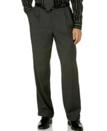 An elegant, classic-cut pant that delivers as much comfort as style through your most grueling meetings. Double pleat front with zip fly and snag closure. Roomy fit with tapered leg & unfinished bottoms. An elegant, classic-cut pant that delivers as much comfort as style through your most grueling meetings. Double pleat front with zip fly and snag closure. Roomy fit with tapered leg & unfinished bottoms.