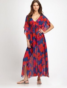 In living color, an airy, maxi dress with feminine, flutter sleeves and flattering, drawstring ties.Deep v-necklineSplit, flutter sleevesDrawstring Empire waistEngraved cord endsSilkDry cleanImported In living color, an airy, maxi dress with feminine, flutter sleeves and flattering, drawstring ties.Deep v-necklineSplit, flutter sleevesDrawstring Empire waistEngraved cord endsSilkDry cleanImported