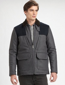 Made from fine Italian fabrication, this jacket offers a unique take on on-trend mixed media.Corduroy collarZipper frontOversized patch pocketsQuilted details on front and backAbout 30 from shoulder to hem70% wool/20% nylon/10% cashmere; cotton liningDry cleanImported of Italian fabric Made from fine Italian fabrication, this jacket offers a unique take on on-trend mixed media.Corduroy collarZipper frontOversized patch pocketsQuilted details on front and backAbout 30 from shoulder to hem70% wool/20% nylon/10% cashmere; cotton liningDry cleanImported of Italian fabric