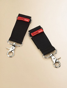 Sturdy webbed clips to strap any Storksak bag to your stroller for easy access.Brushed silver hardwareGrip-tape closures1½w X 4h X 5dImported Sturdy webbed clips to strap any Storksak bag to your stroller for easy access.Brushed silver hardwareGrip-tape closures1½w X 4h X 5dImported