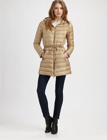 Sleek and chic, a quilted down design with a feminine drawstring waist and a convenient attached hood.Attached hoodFront zipperDrawstring waistSlash zipper pocketsAbout 31 from shoulder to hemNylon; down fillDry cleanImported Sleek and chic, a quilted down design with a feminine drawstring waist and a convenient attached hood.Attached hoodFront zipperDrawstring waistSlash zipper pocketsAbout 31 from shoulder to hemNylon; down fillDry cleanImported