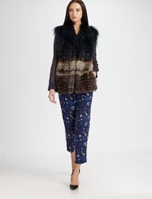 Plush, luxurious fox fur, tailored in a striking colorblock design and lined with finespun silk.SleevelessConcealed closuresPuffed elbow-length sleevesSide slash pocketsSilk liningAbout 26 from shoulder to hemDyed fox furDry cleanImportedFur origin: ChinaModel shown is 5'11 (180cm) wearing US size Small. Plush, luxurious fox fur, tailored in a striking colorblock design and lined with finespun silk.SleevelessConcealed closuresPuffed elbow-length sleevesSide slash pocketsSilk liningAbout 26 from shoulder to hemDyed fox furDry cleanImportedFur origin: ChinaModel shown is 5'11 (180cm) wearing US size Small.