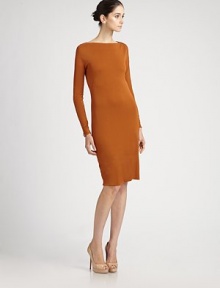 A body-slimming silhouette in a luxe, double layered jersey, enhanced with a flattering bateau neckline and zip detailing.BoatneckLong sleeves with wrist zippersDarts at bust and backUnlinedAbout 26 from natural waistViscoseDry cleanImported of French fabricModel shown is 5'11 (180cm) wearing US size 4. A body-slimming silhouette in a luxe, double layered jersey, enhanced with a flattering bateau neckline and zip detailing.BoatneckLong sleeves with wrist zippersDarts at bust and backUnlinedAbout 26 from natural waistViscoseDry cleanImported of French fabricModel shown is 5'11 (180cm) wearing US size 4.