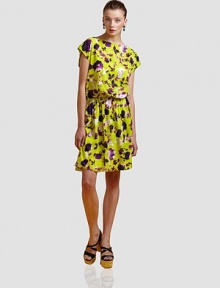 Vibrant posies prettify an easy style of stretch silk.Boatneck Short sleeves Gathered skirt Open back with button-and-loop closure About 21 from natural waist 96% silk/4% Lycra spandex Fully lined Dry clean Imported