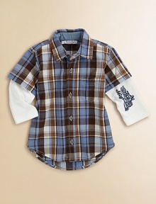 A grown-up woven shirt in an all-boy plaid has the delightful addition of layered-look long knit sleeves.Spread collarShort woven sleeves with long knit sleeves, one with motorcycle designButton placketSingle patch chest pocketShirttail hemCottonMachine washImported Please note: Number of buttons may vary depending on size ordered. A grown-up woven shirt in an all-boy plaid has the delightful addition of layered-look long knit sleeves.Spread collarShort woven sleeves with long knit sleeves, one with motorcycle designButton placketSingle patch chest pocketShirttail hemCottonMachine washImported Please note: Number of buttons may vary depending on size ordered.