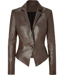 Luxe jacket in supple, brown-green stretch leather - A sleek, sophisticated standout from French luxury label Jitrois - Slim, ultra-fitted style tapers at waist - Medium-sized collar and lapels - Flattering darts at bust and elegant, single-button closure - Asymmetric hem, jacket is cut shorter in the back - Polished and sexy, a feminine take on masculine tailoring - Pair with a pencil skirt, button down blouse and pumps by day, and wear with slim trousers, a silk tank and ankle booties at night Luxe jacket in supple, brown-green stretch leather - A sleek, sophisticated standout from French luxury label Jitrois - Slim, ultra-fitted style tapers at waist - Medium-sized collar and lapels - Flattering darts at bust and elegant, single-button closure - Asymmetric hem, jacket is cut shorter in the back - Polished and sexy, a feminine take on masculine tailoring - Pair with a pencil skirt, button down blouse and pumps by day, and wear with slim trousers, a silk tank and ankle booties at night