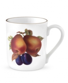 Juicy pears and purple damsons add a sweet taste of summer to this Evesham mug, crafted of pristine porcelain with a lustrous gold rim by Royal Worcester. Juicy pears and purple damsons add a sweet taste of summer to this Evesham mug, crafted of pristine porcelain with a lustrous gold rim by Royal Worcester.