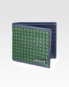 A bi-fold design in woven saffiano leather. Metal logo accent Two bill compartments Eight card slots Fully lining 4¼W X 3¾H Made in Italy 