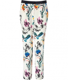 Stylish pants in fine cream-colored silk, featuring an eye-catching multicolored floral wallpaper print - Side and back slit pockets, hidden hook and button closure, pleated front, black waistband, belt loops - Relaxed, tapered cut - The perfect choice for day and evening - style with a solid blouse, leather jacket and platform pumps Stylish pants in fine cream-colored silk, featuring an eye-catching multicolored floral wallpaper print - Side and back slit pockets, hidden hook and button closure, pleated front, black waistband, belt loops - Relaxed, tapered cut - The perfect choice for day and evening - style with a solid blouse, leather jacket and platform pumps