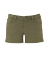 Chic shorts in fine, olive cotton stretch denim - Classic five-pocket style with belt loops, zip fly and button closure - Lower rise, curve-hugging cut and mini length accentuate a long, lean leg - Comfy yet cool, easily dressed up or down - Pair with a silk tunic top and platform pumps, or go for a more casual look with a t-shirt and sandals