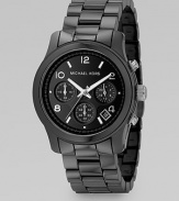 Black polished ceramic chronograph with black glossy dial. Water-resistant to 5 ATM Round case, 38mm, 1.5 Three sub dials Number and stick markers Date display Second hand Single deployant buckle Imported