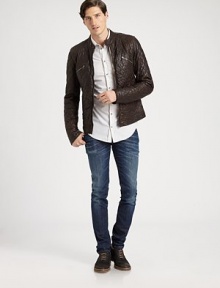 A quilted design lends high-end appeal to this handsomely tailored coat. Banded collar with snap closure Front zip closureLong sleeves with concealed snap cuff Topstitching details on shouldersChest and side zip pocketsBack tailored seamsAbout 25 from shoulder to hem Lambskin leather Fully lined Dry clean by leather specialist Made in Italy of imported fabric A quilted design lends high-end appeal to this handsomely tailored coat. Banded collar with snap closure Front zip closureLong sleeves with concealed snap cuff Topstitching details on shouldersChest and side zip pocketsBack tailored seamsAbout 25 from shoulder to hem Lambskin leather Fully lined Dry clean by leather specialist Made in Italy of imported fabric