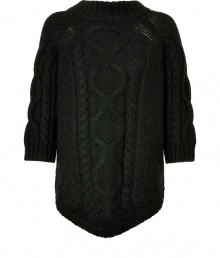 A fun take on a classic sweater - Made of dark green wool and acrylic, with a touch of alpaca fiber for a luxurious softness - Trendy design features asymmetrical hem, off-set button placket at back, stand-up collar and 3/4-length sleeves - Thick, chunky cable knit pattern - Style with slim jeans, mini-skirt or corduroy pants, and favorite boots A fun take on a classic sweater - Made of dark green wool and acrylic, with a touch of alpaca fiber for a luxurious softness - Trendy design features asymmetrical hem, off-set button placket at back, stand-up collar and 3/4-length sleeves - Thick, chunky cable knit pattern - Style with slim jeans, mini-skirt or corduroy pants, and favorite boots