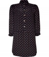 Channel retro-chic style in this ultra feminine printed silk shirt dress from Juicy Couture - Small spread collar, front button half placket, long sleeves with gathering at cuffs, shirring at shoulders, relaxed silhouette, semi-sheer, solid underlay, all-over print - Wear with an oversized cardigan and platform ankle