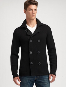 The signature look and feel of a cold weather favorite, shaped in a double-breasted silhouette, in a luxurious wool knit.Button-frontRibbed knit cuffs and hemWoolHand washImported The signature look and feel of a cold weather favorite, shaped in a double-breasted silhouette, in a luxurious wool knit.Button-frontRibbed knit cuffs and hemWoolHand washImported