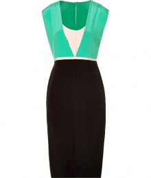 Bring effortless style to your cocktail look with this colorblock silk dress from Tibi - V-neck with contrasting white underlay, slim waistband, slim pencil skirt, concealed back zip closure - Wear with platform booties and a studded clutch Bring effortless style to your cocktail look with this colorblock silk dress from Tibi - V-neck with contrasting white underlay, slim waistband, slim pencil skirt, concealed back zip closure - Wear with platform booties and a studded clutch