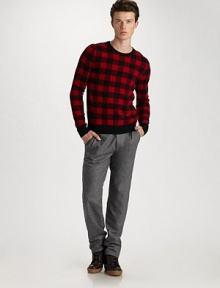 Superior style for the colder weather to come, shaped in fine-knit wool jacquard. Ribbed crewneck, cuffs, hem Wool Hand wash Imported Superior style for the colder weather to come, shaped in fine-knit wool jacquard. Ribbed crewneck, cuffs, hem Wool Hand wash Imported