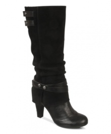 The Cassidy boots by Fergalicious feature a luxe suede shaft with slouch detailing and a wrap around strap at the ankle. A duo of snaps tops off the look.